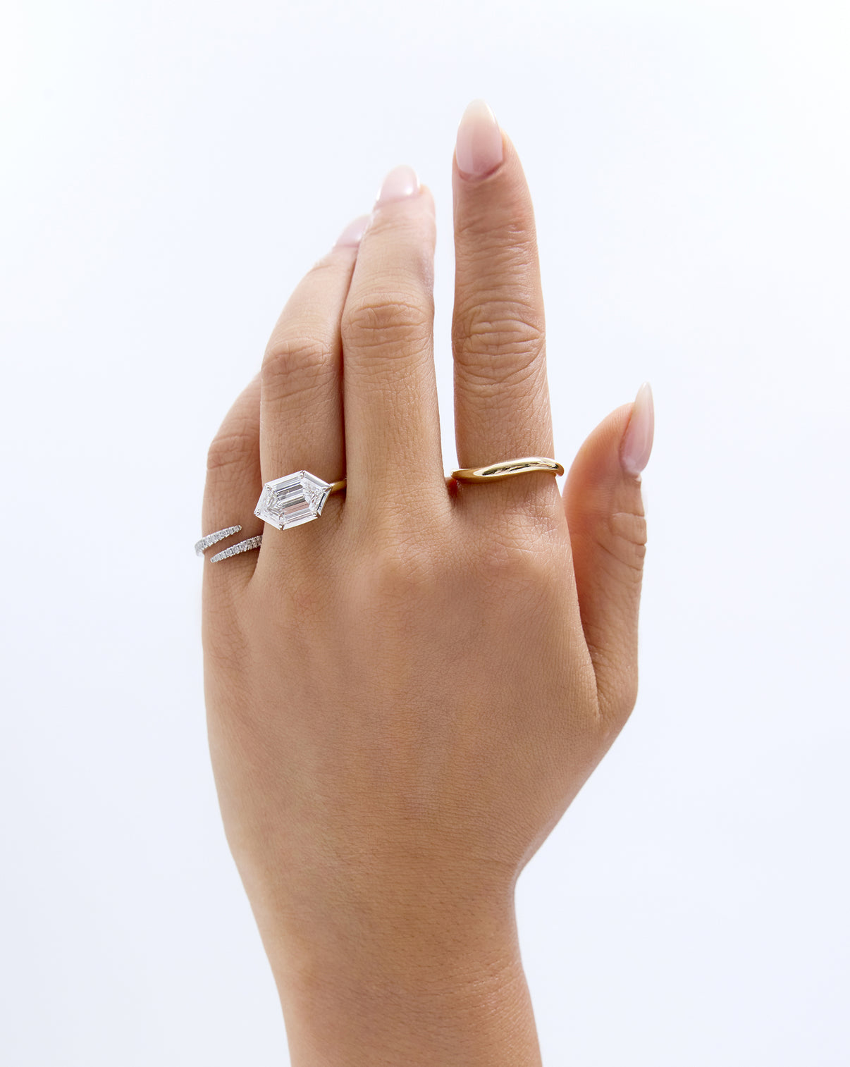 model wearing Petite Movement Cloud Ring in solid gold and engagement ring
14k yellow gold