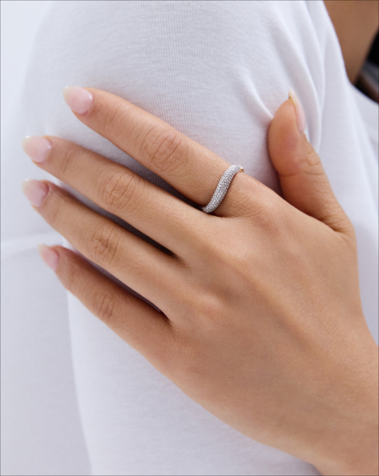 Petite Pavé Movement Cloud Ring in 14K Yellow Gold shown on model's finger