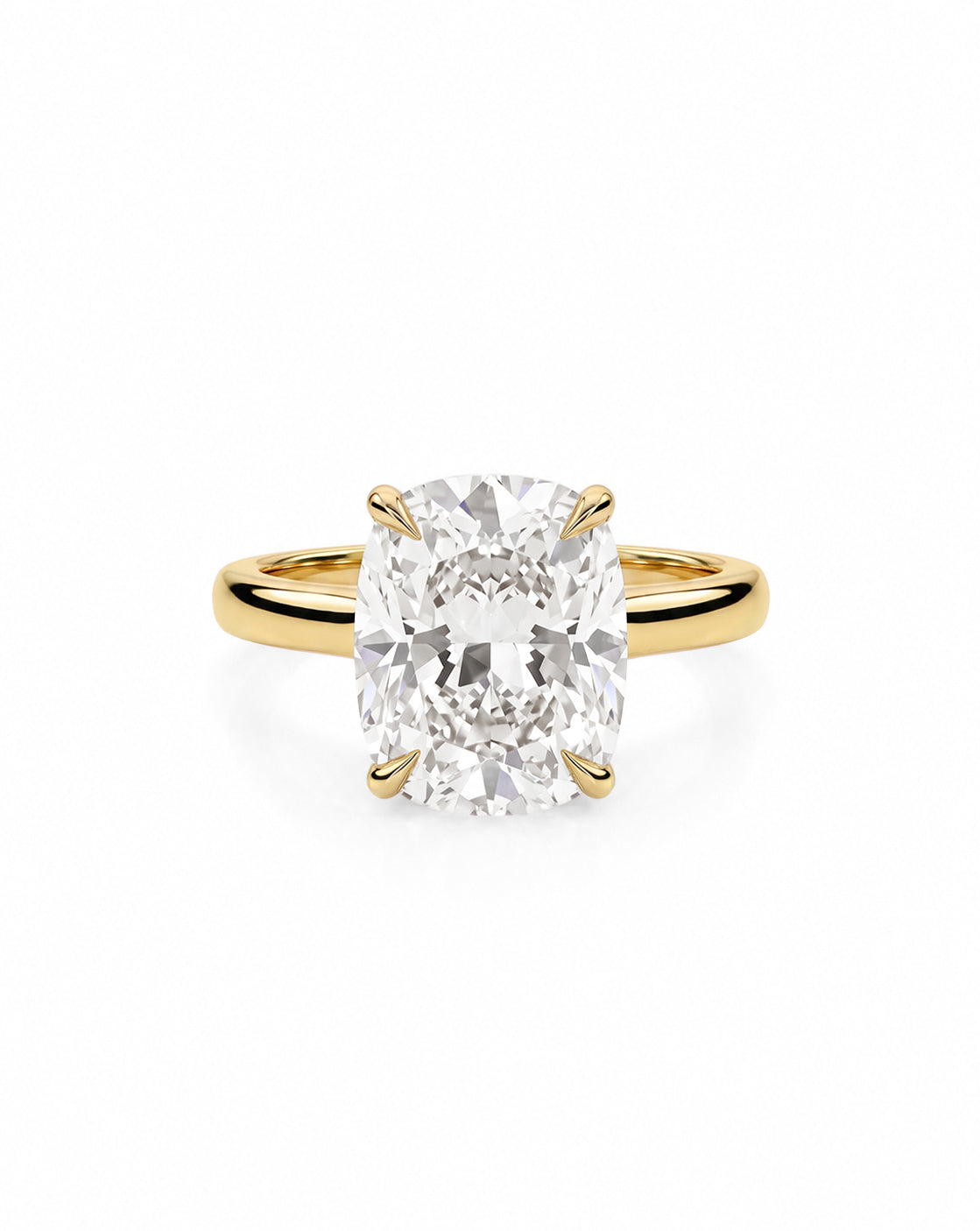 Front view of the 14k Yellow Gold cathedral engagement ring with cushion-cut diamond, on white background 50527022514264
