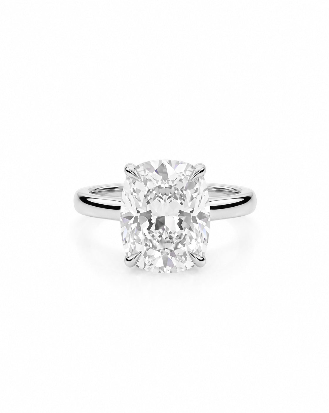 Front view of the Platinum cathedral engagement ring with cushion-cut diamond, on white background 50527014584408