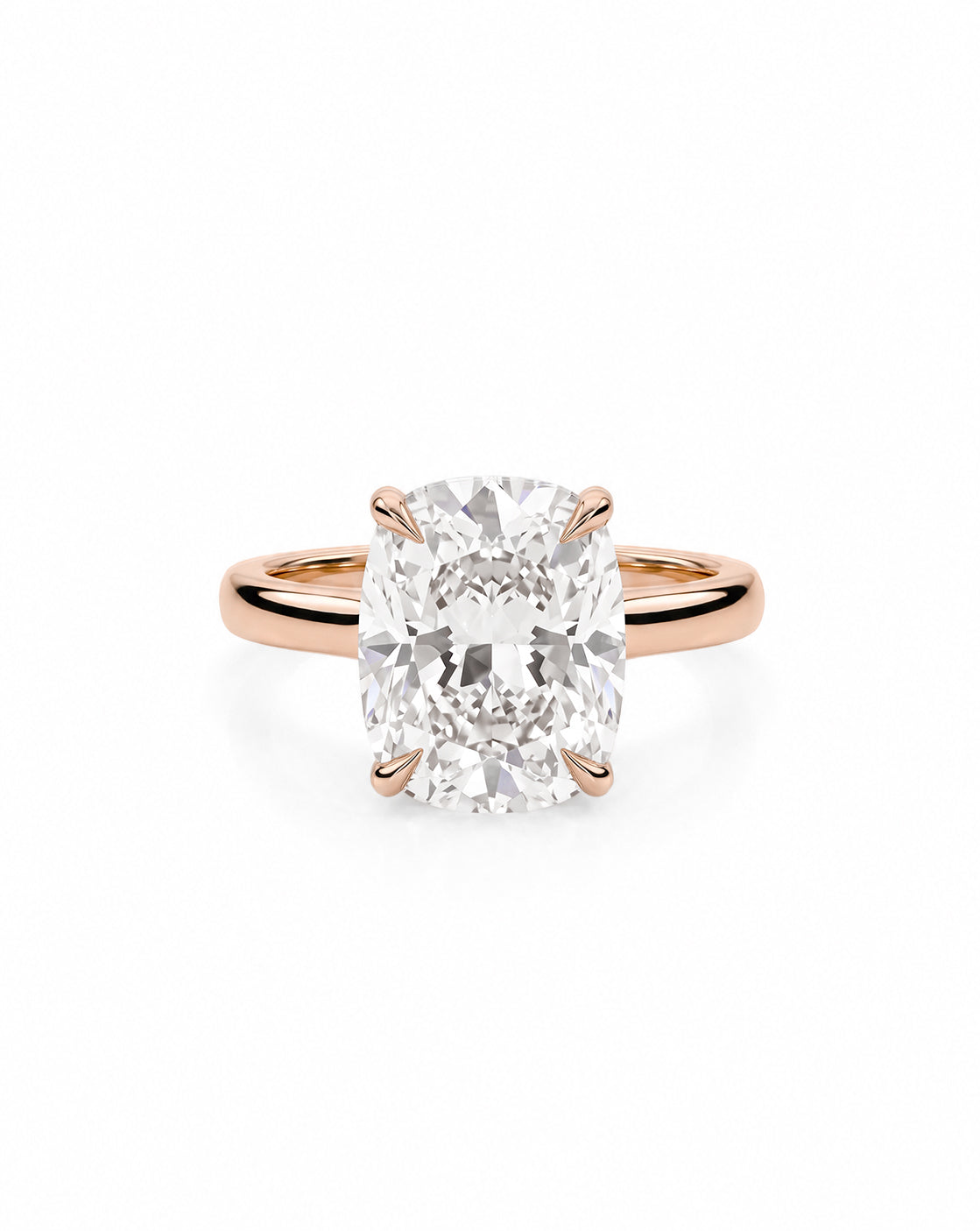 Front view of the Rose Gold cathedral engagement ring with cushion-cut diamond, on white background 50527018156120