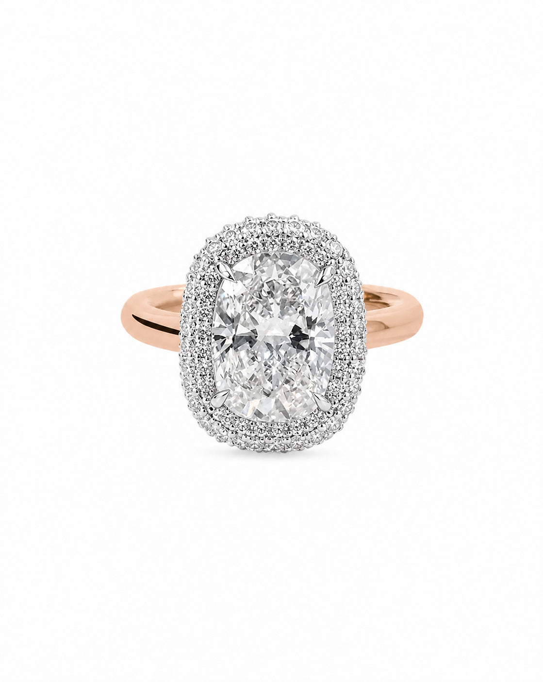 14k rose gold bridal ring featuring a cushion-cut center stone surrounded by a double pavé diamond halo, displayed on a white background 44830239031384