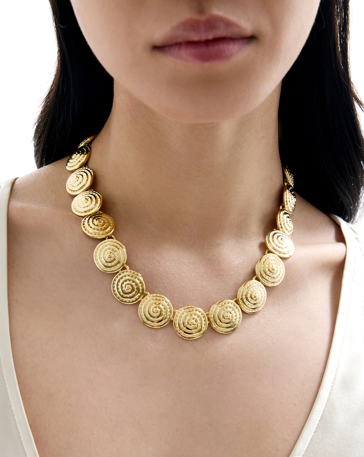 Sundial Necklace shown on model's neck