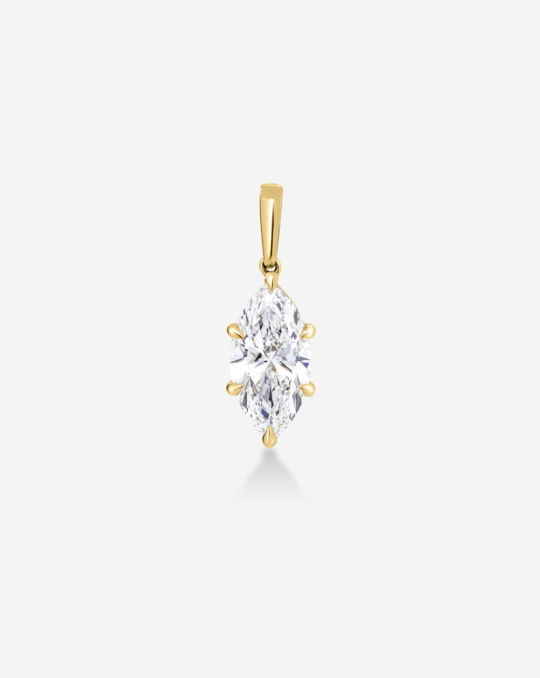 A yellow gold pendant featuring a marquise-cut diamond in a six-prong setting, suspended against a light gray background.