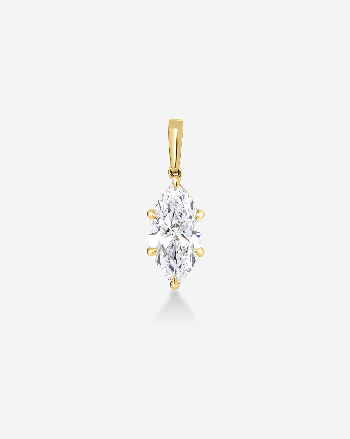 A yellow gold pendant featuring a marquise-cut diamond in a six-prong setting, suspended against a light gray background.