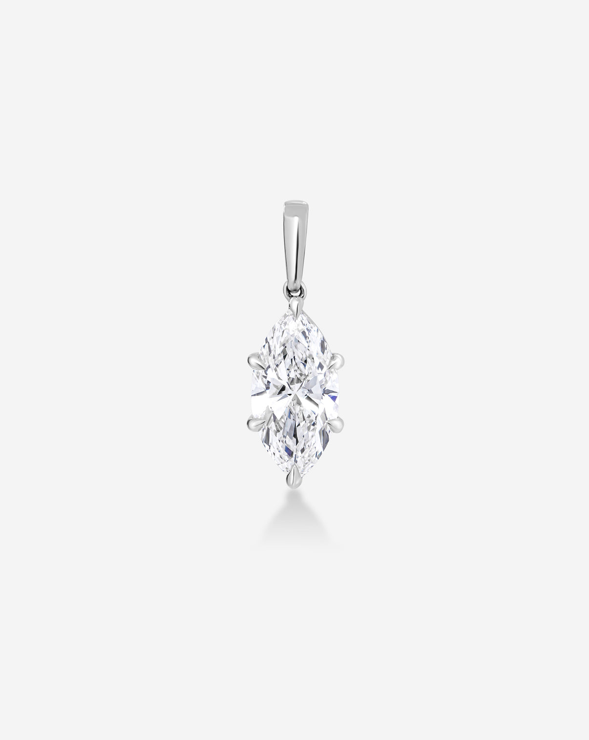 A silver-tone pendant featuring a marquise-cut diamond suspended in a prong setting, centered on a light gray background.