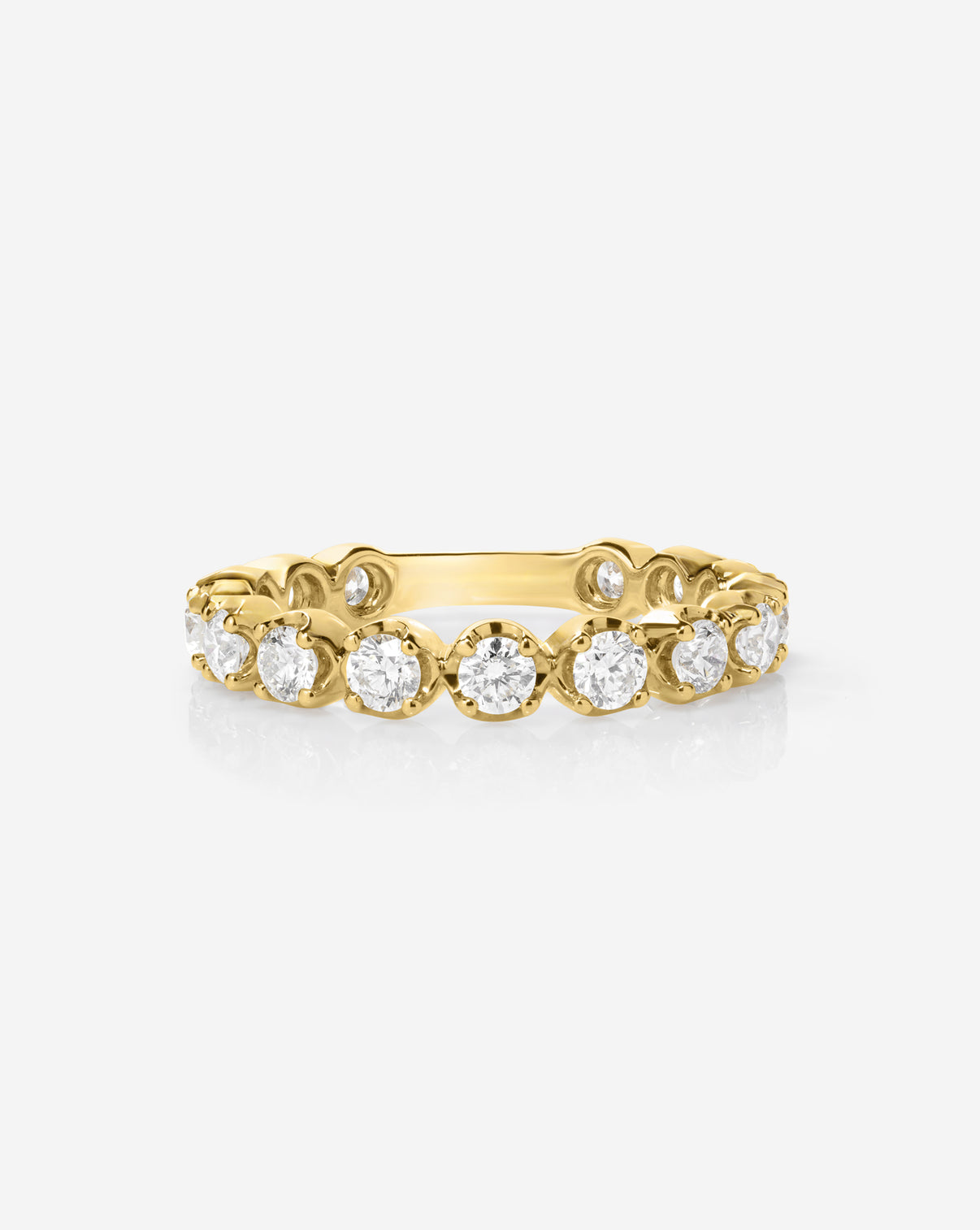 Detailed angled front view of 14k yellow Gold pave band