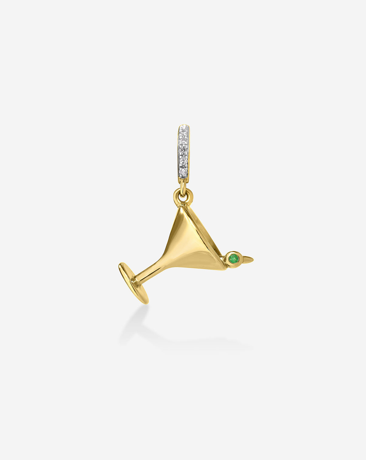 14k solid gold Dirty Martini Charm featuring 6 round natural diamonds and 1 round natural emerald