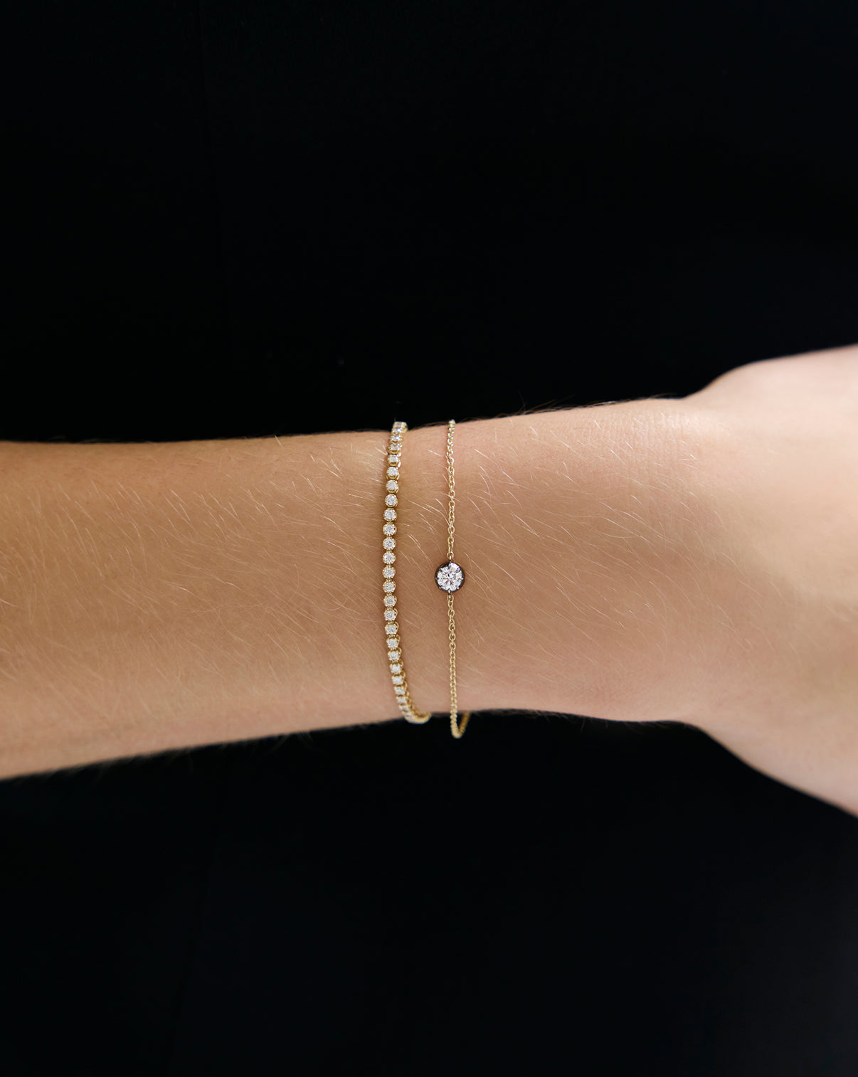 Close up detail of Georgian lab diamond bracelet being worn on arm