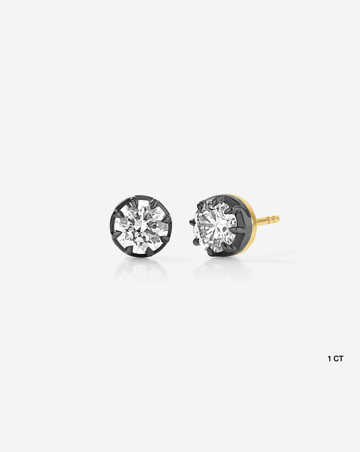 Front and side view of 1 carat Georgian diamond studs in 14k gold with butterfly pushback closure