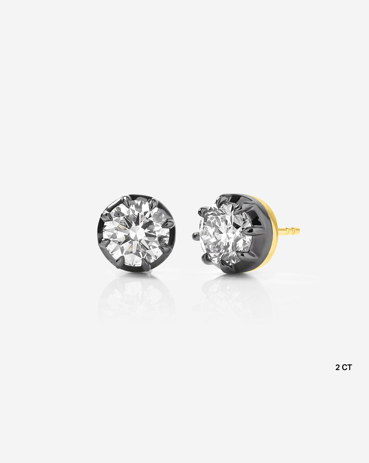 Front and side view of 2 carat Georgian diamond studs in 14k gold with butterfly pushback closure