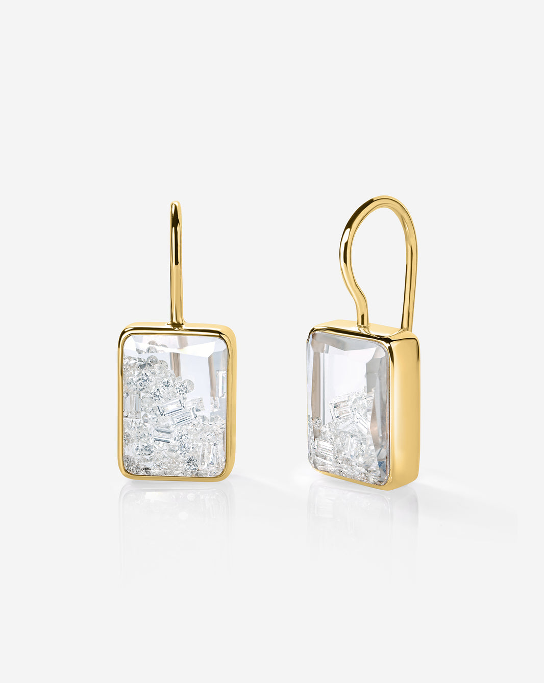 14k yellow gold Shaker Emerald Drop Earrings with 160 round and 20 baguette lab diamonds.