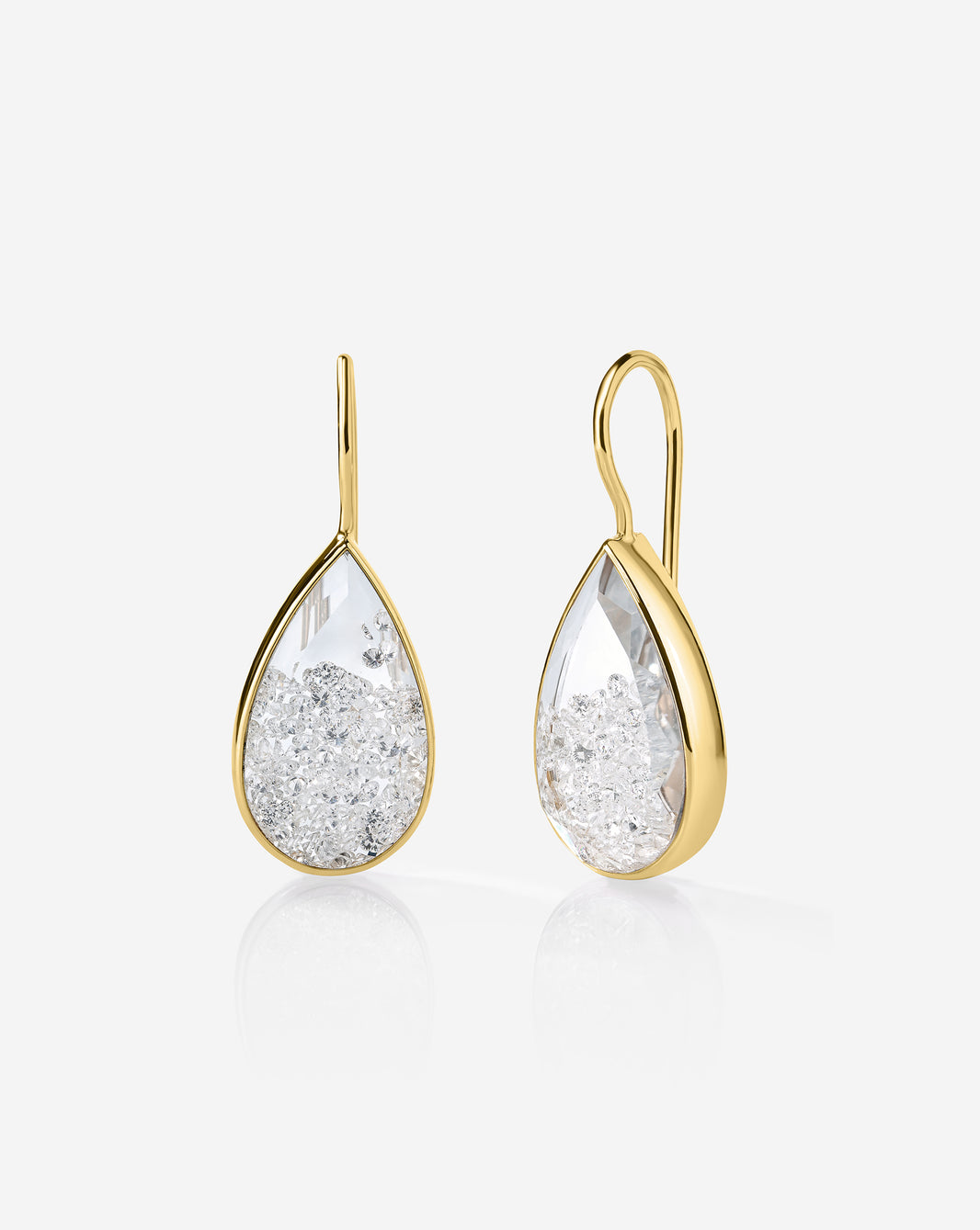 14k yellow gold Shaker Pear Drop Earrings with 220 round lab diamonds.