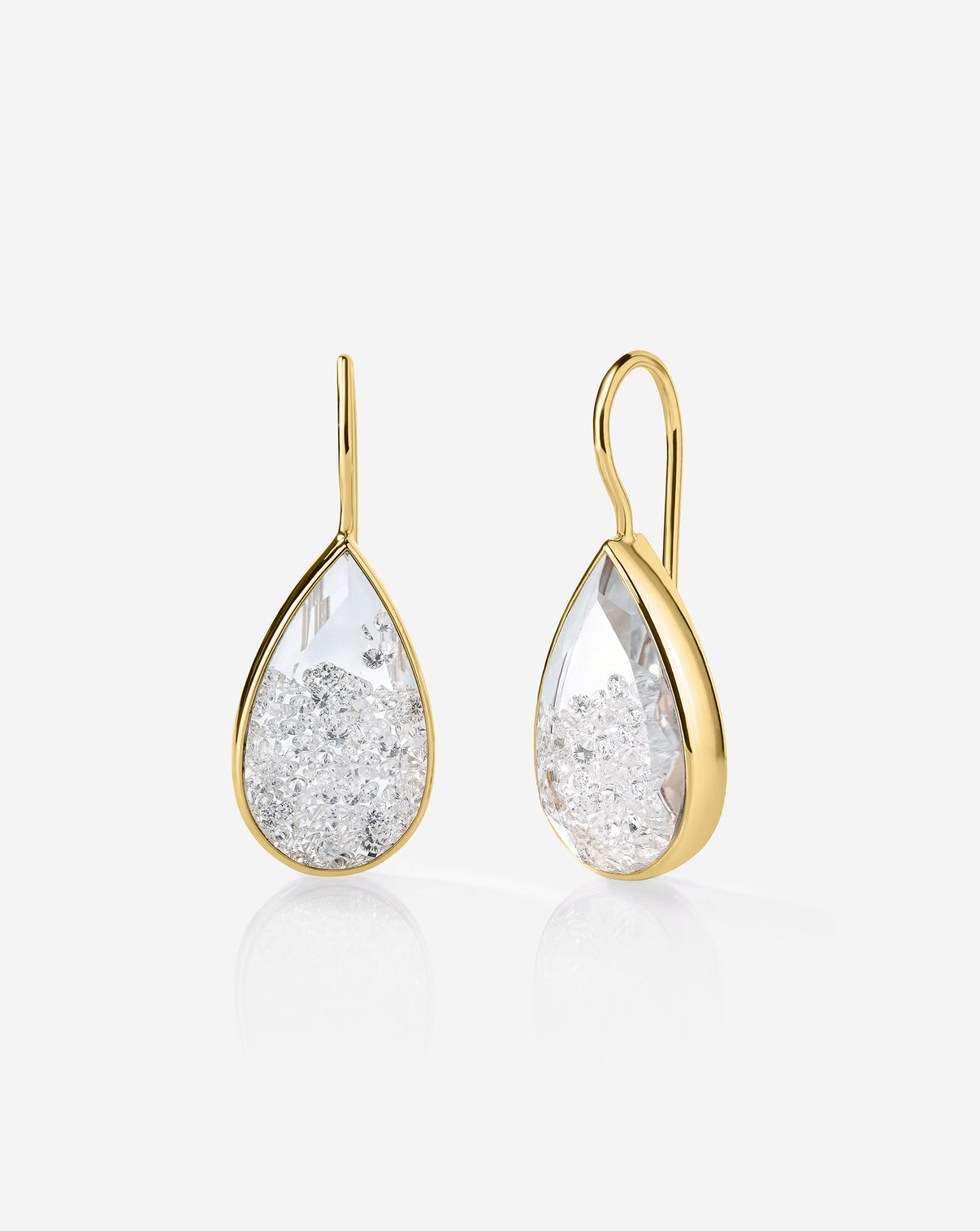 14k yellow gold Shaker Pear Drop Earrings with 220 round lab diamonds.