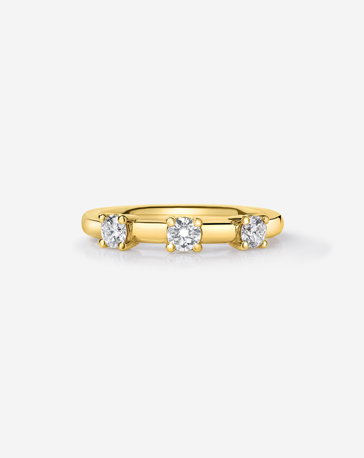 14k Yellow Gold Diamond Trio Wedding Band with 3 round lab diamonds.
