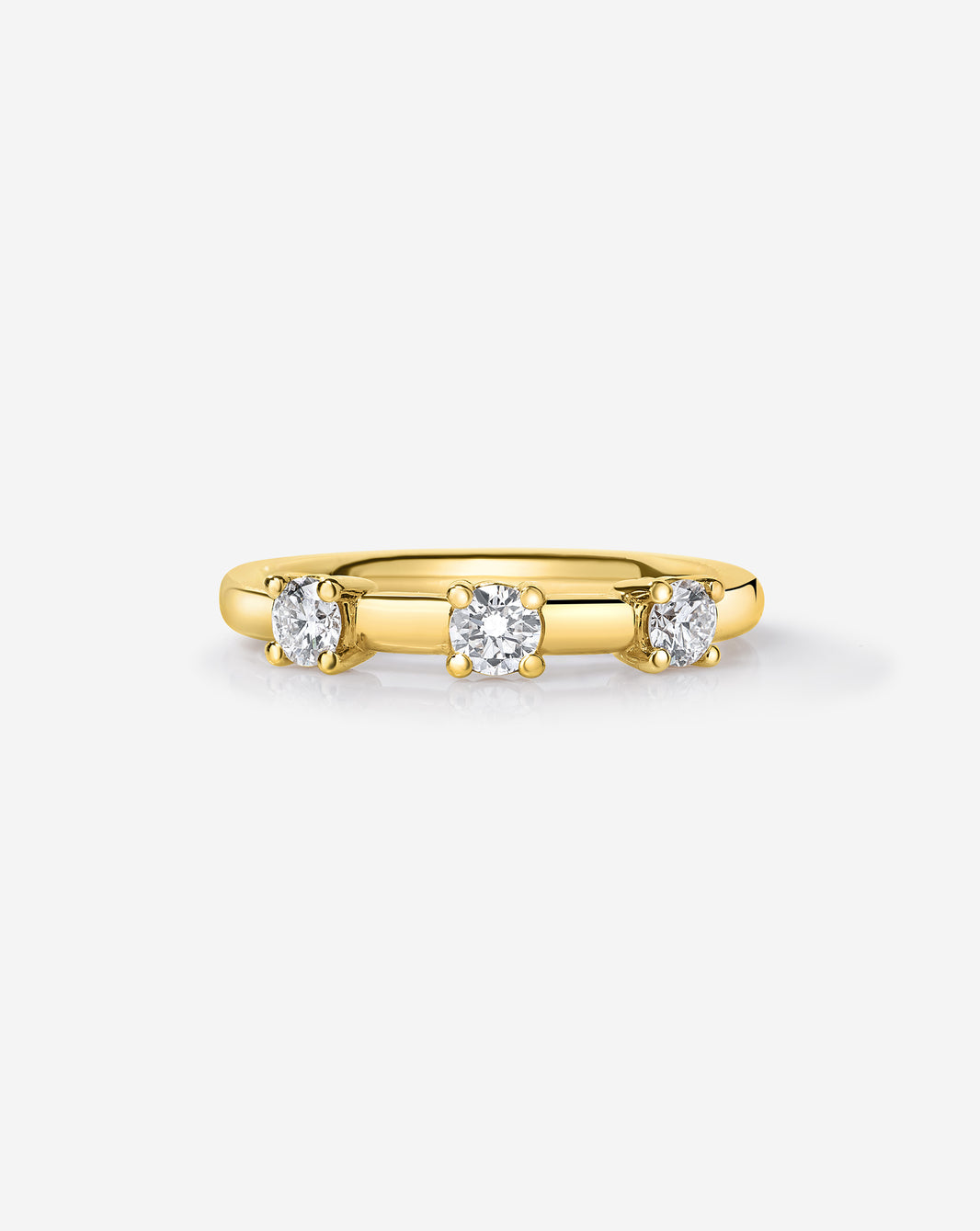 14k Yellow Gold Diamond Trio Wedding Band with 3 round natural diamonds.