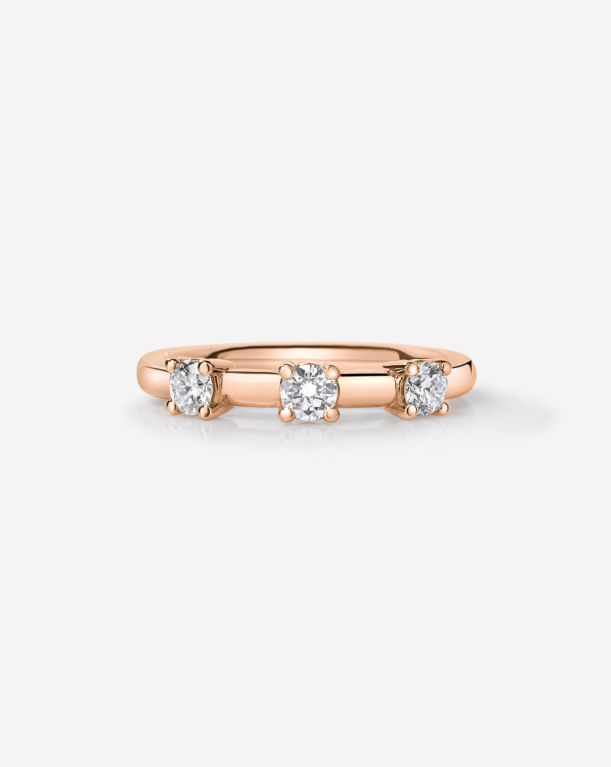 14k Rose Gold Diamond Trio Wedding Band with 3 round lab diamonds.