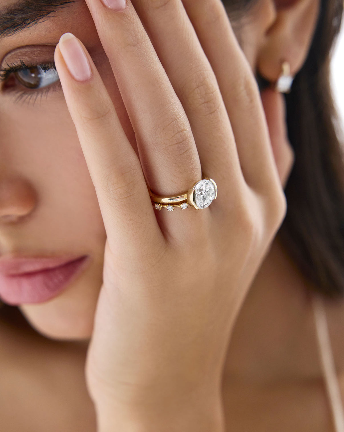 on-model wedding band with round edge engagement ring GLOBAL