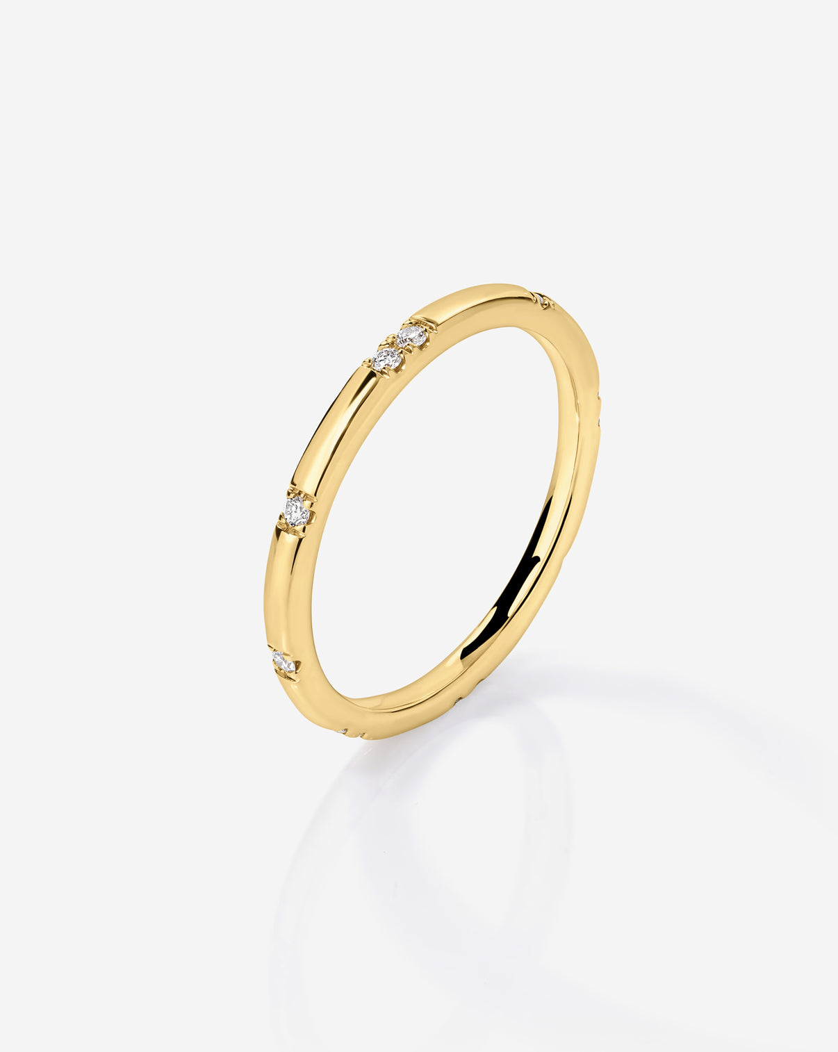 Side angle view of 14k Yellow Gold Scattered Diamond Wedding Band