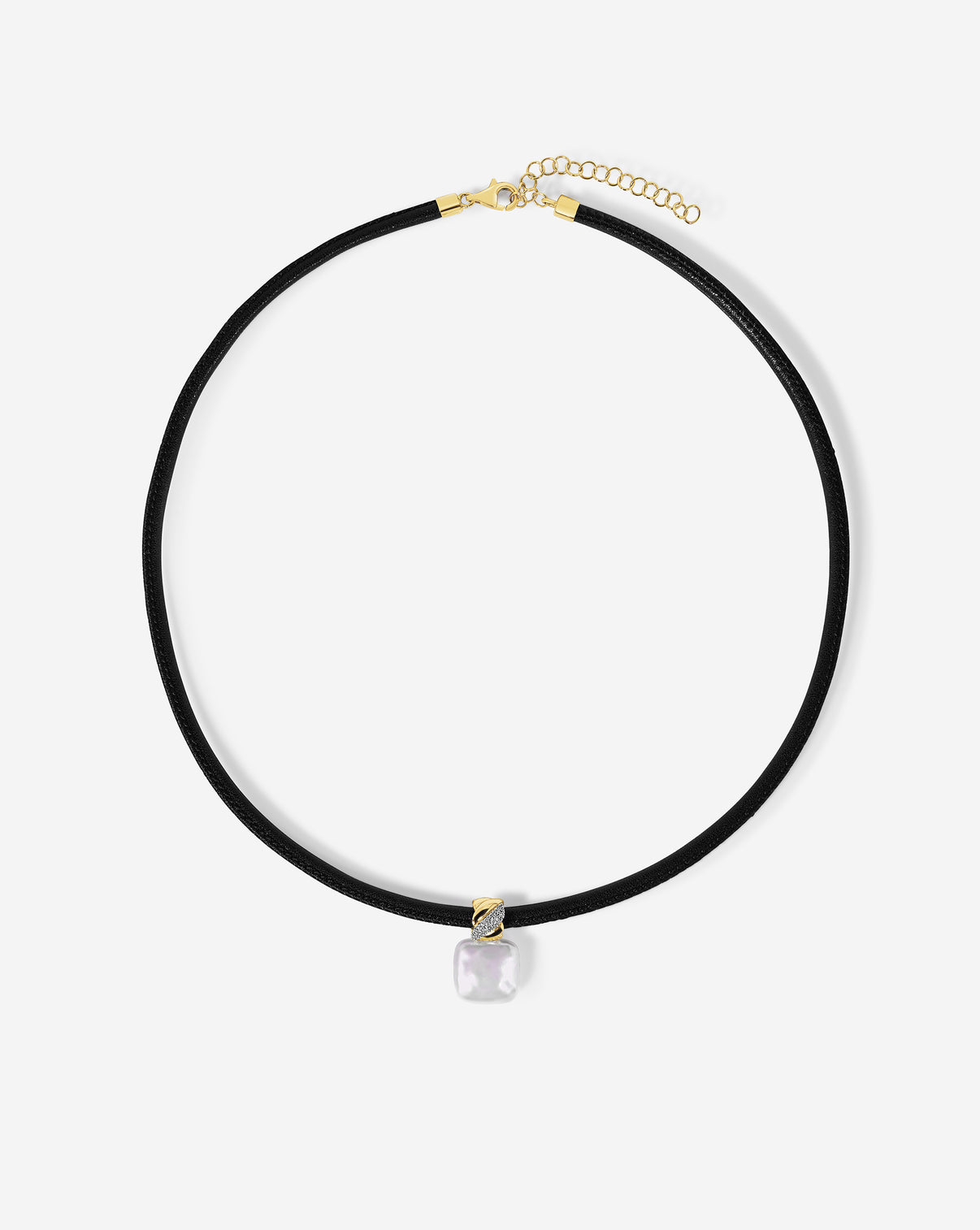 Leather cord necklace with square pearl pendant.