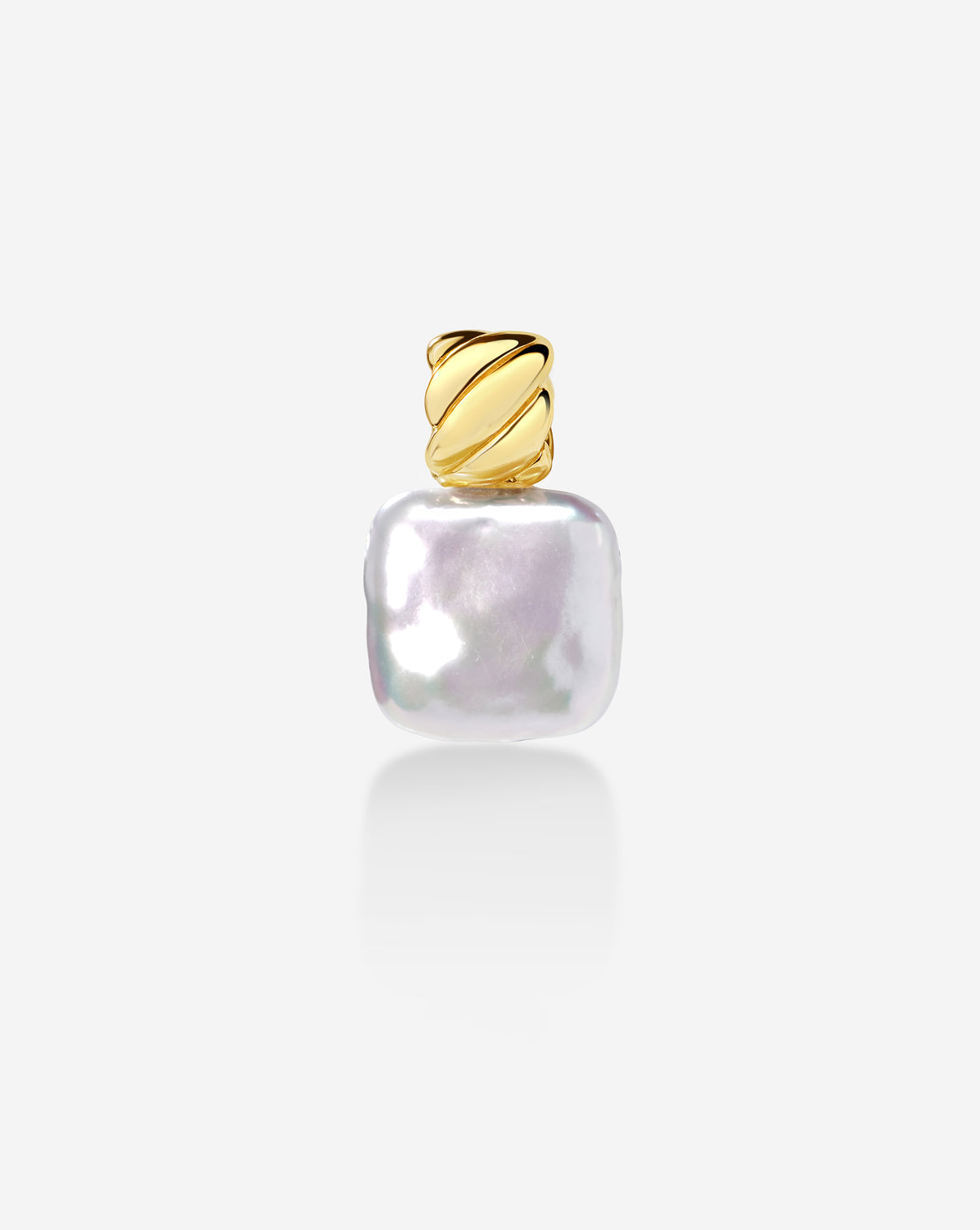 Close up view of square pearl pendant showcasing 14k solid gold details.