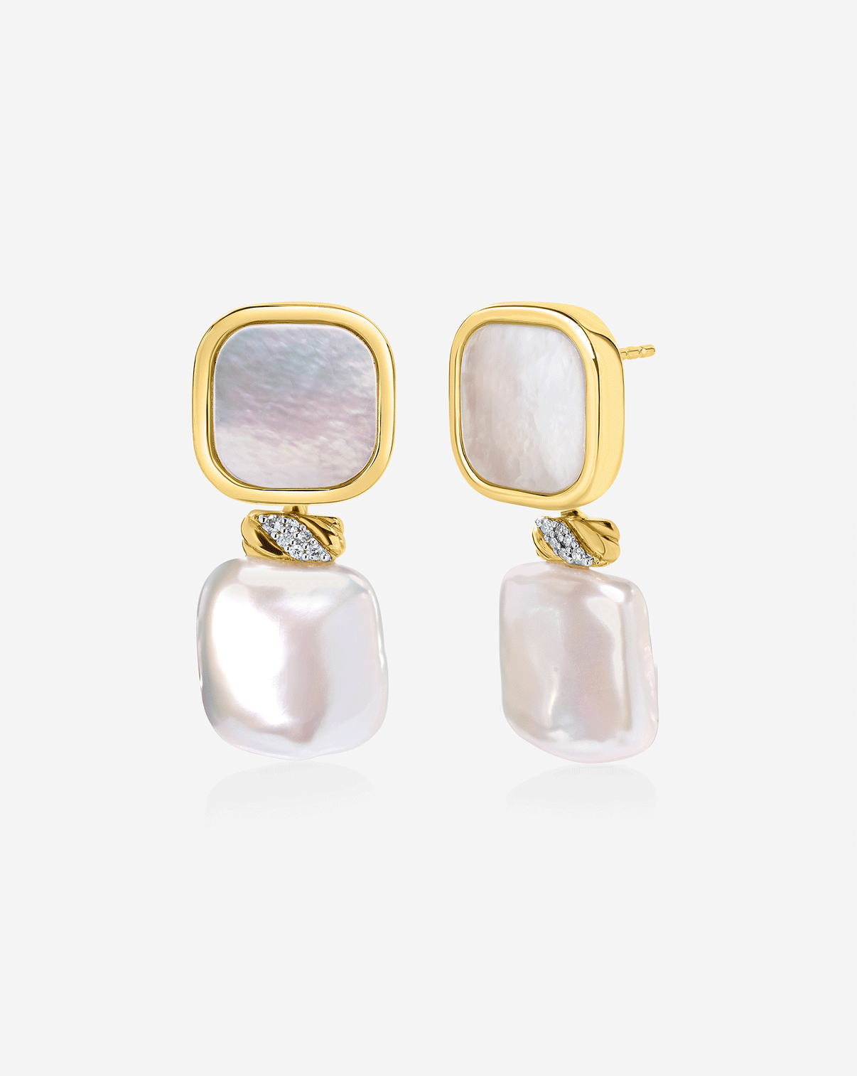Square pearl earrings with 14k solid gold and 16 round natural diamonds.