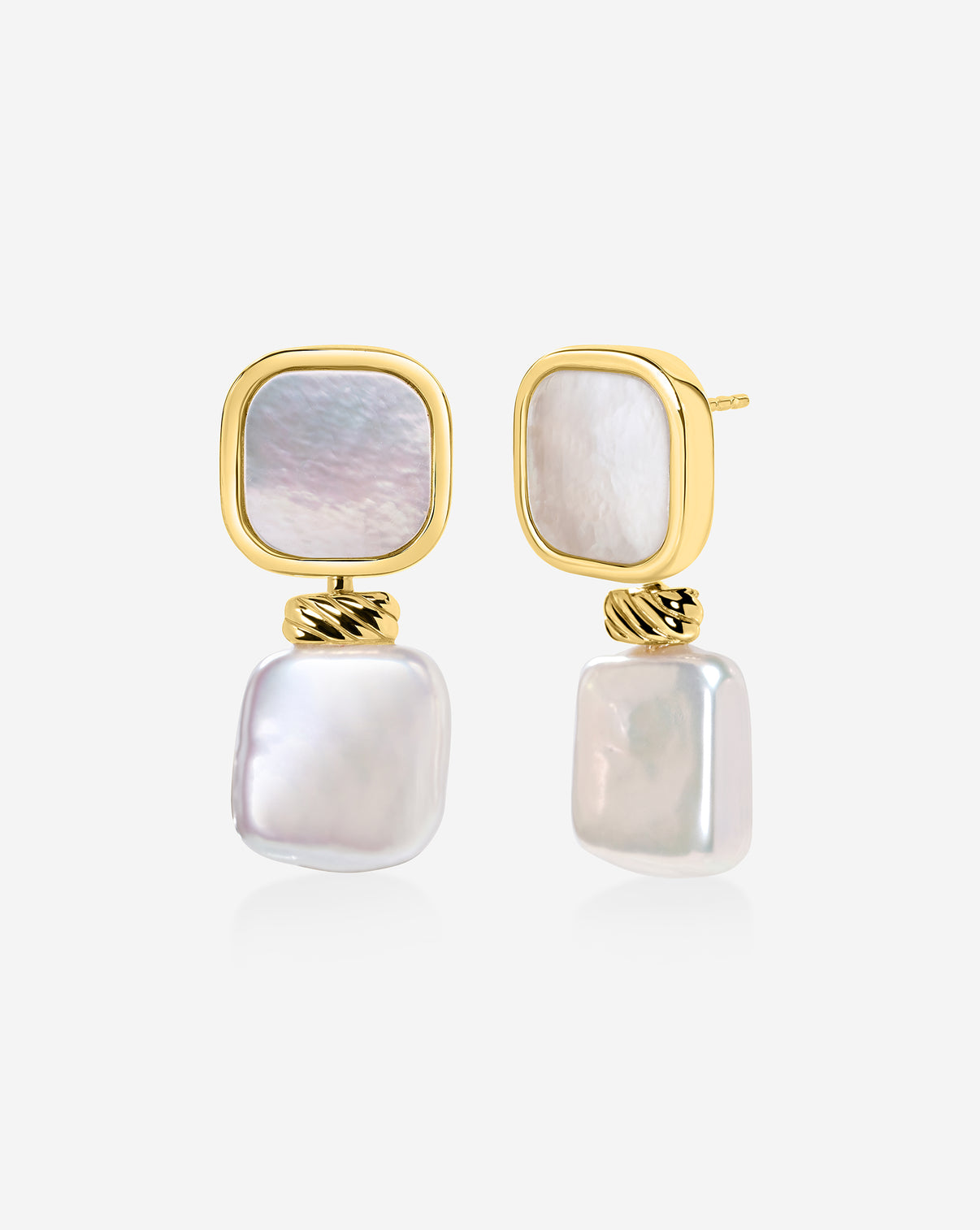Close up front and side views of square pearl earrings showcasing 14k solid gold details.