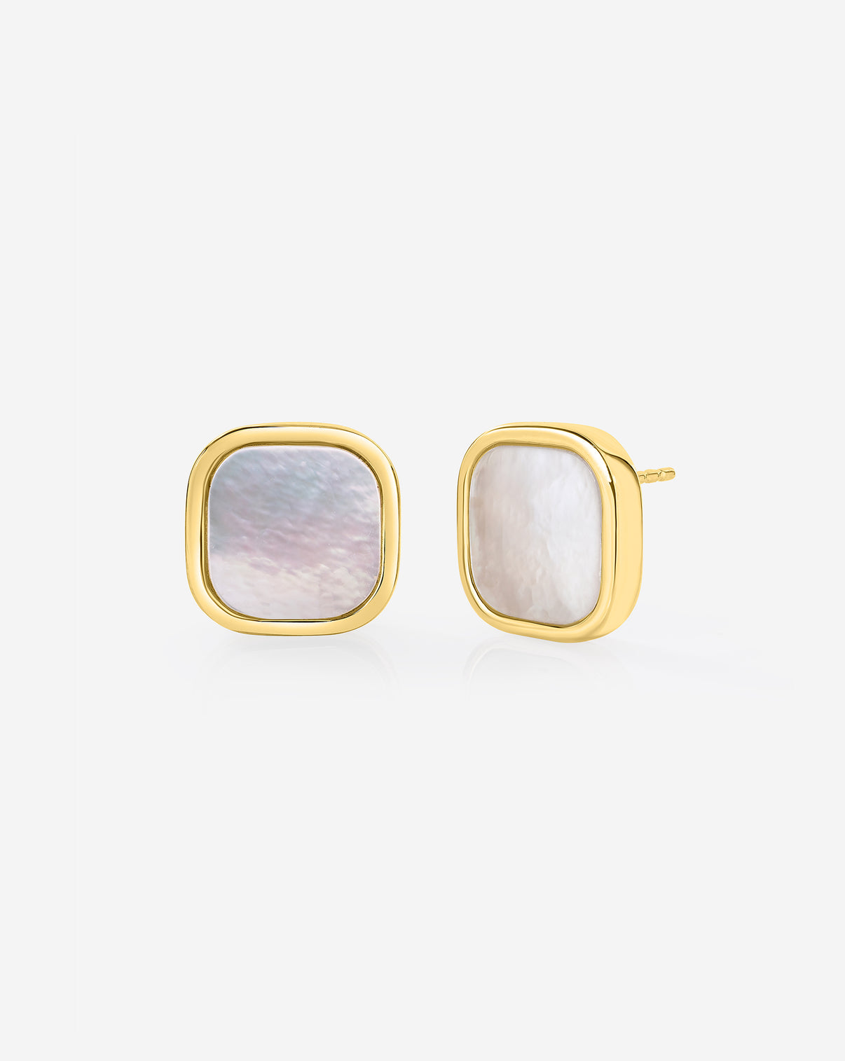 Close up front and side views of square pearl earrings with jacket removed.