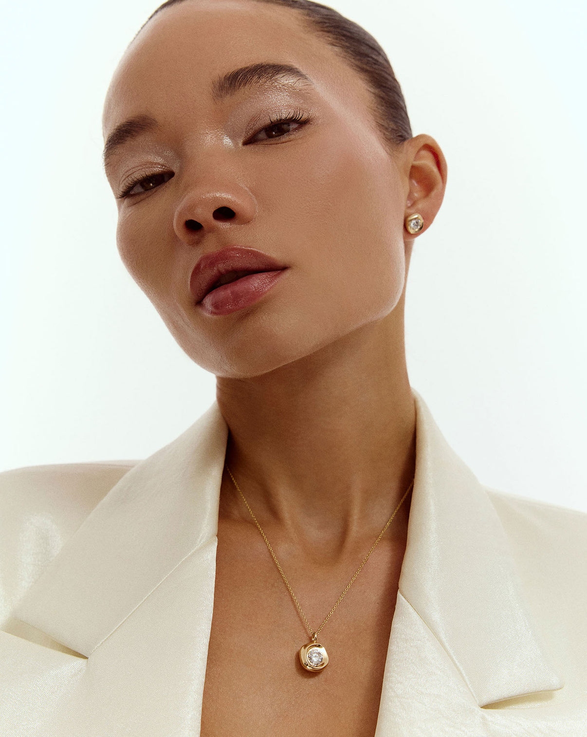 Model wearing the 14k solid gold Organic Shapes Diamond Pendant Necklace
