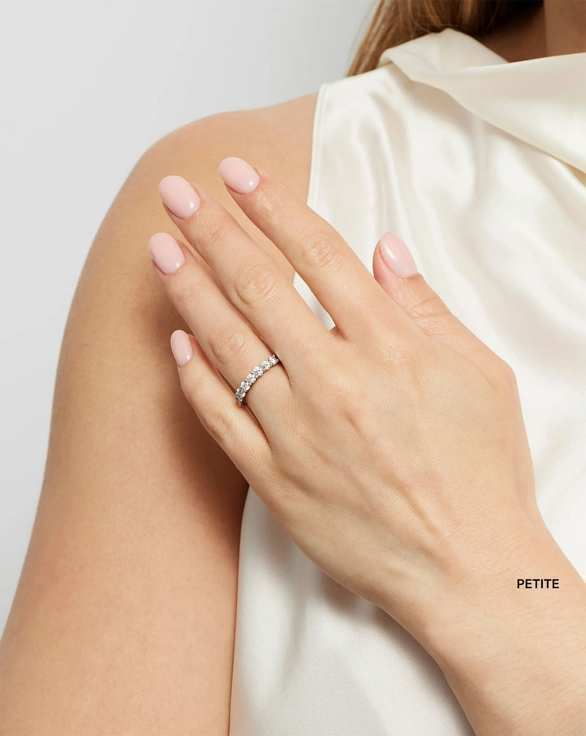 model wearing Petite 1.5 carat weight Round Diamond Band global