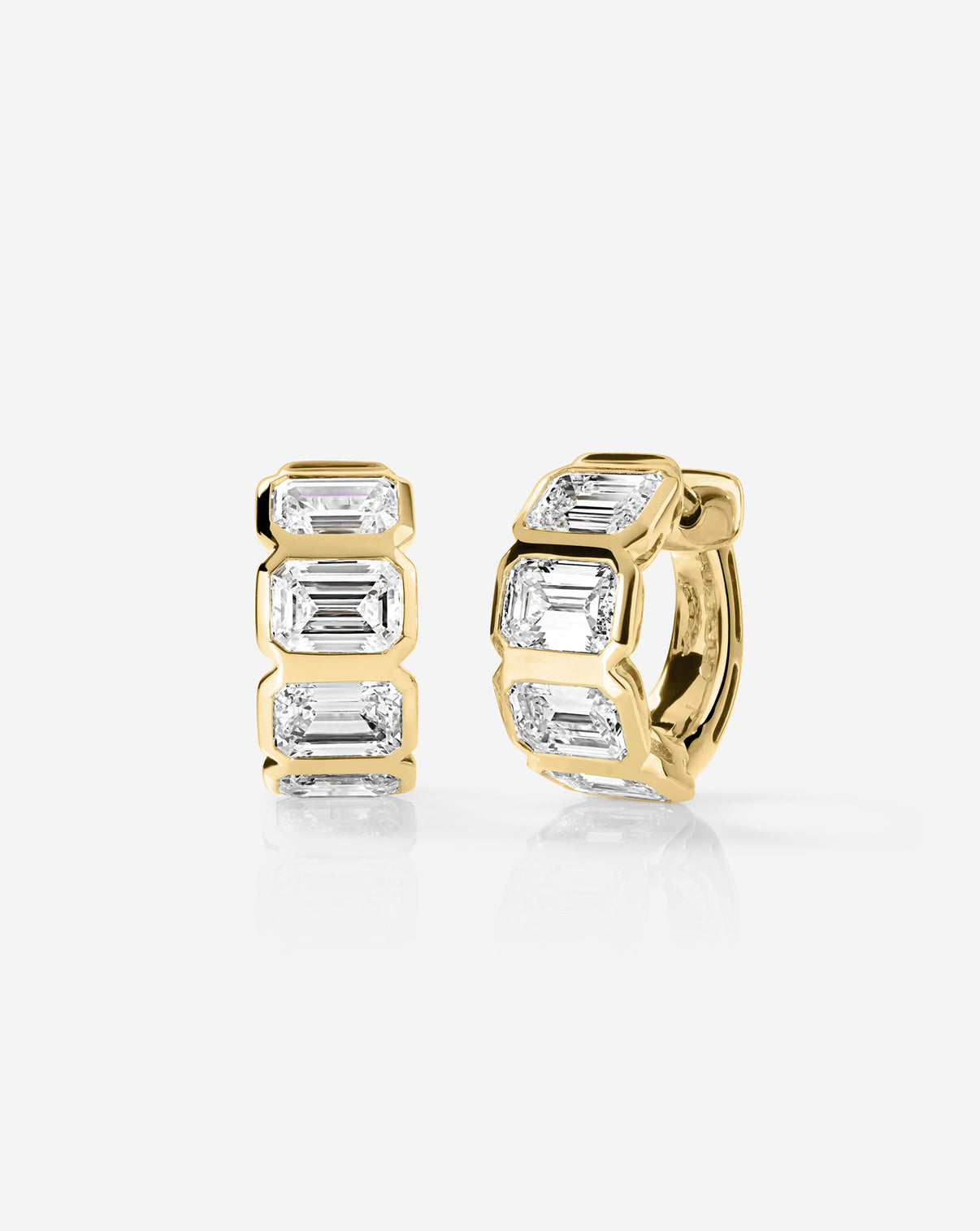 14k gold bezel emerald huggies earrings with lab grown diamonds