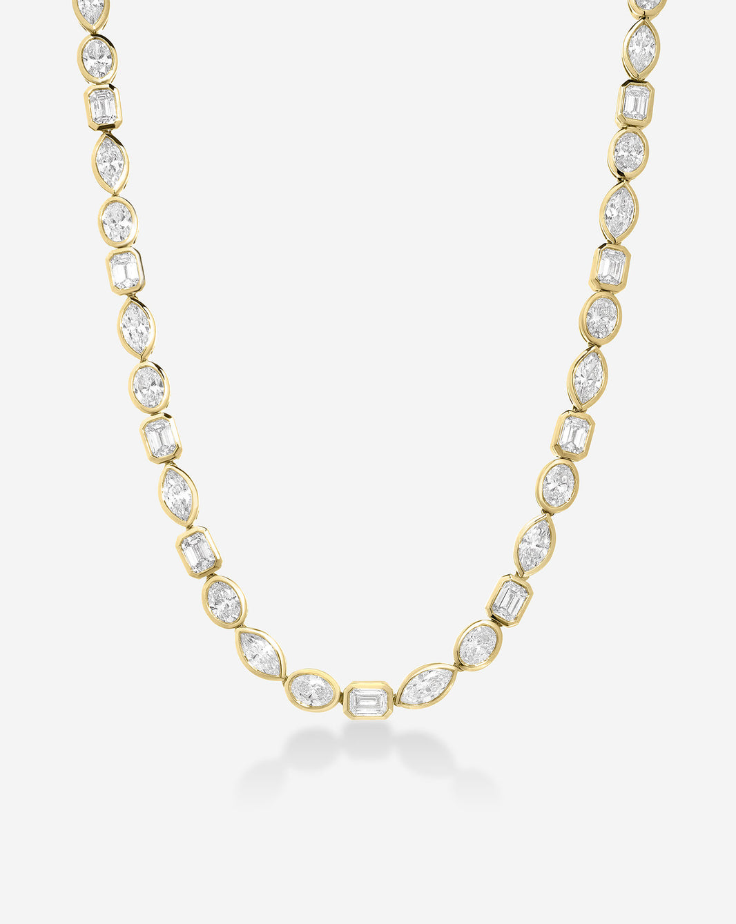 14k gold mixed-shapes diamond tennis necklace with round, emerald, and marquise lab diamonds