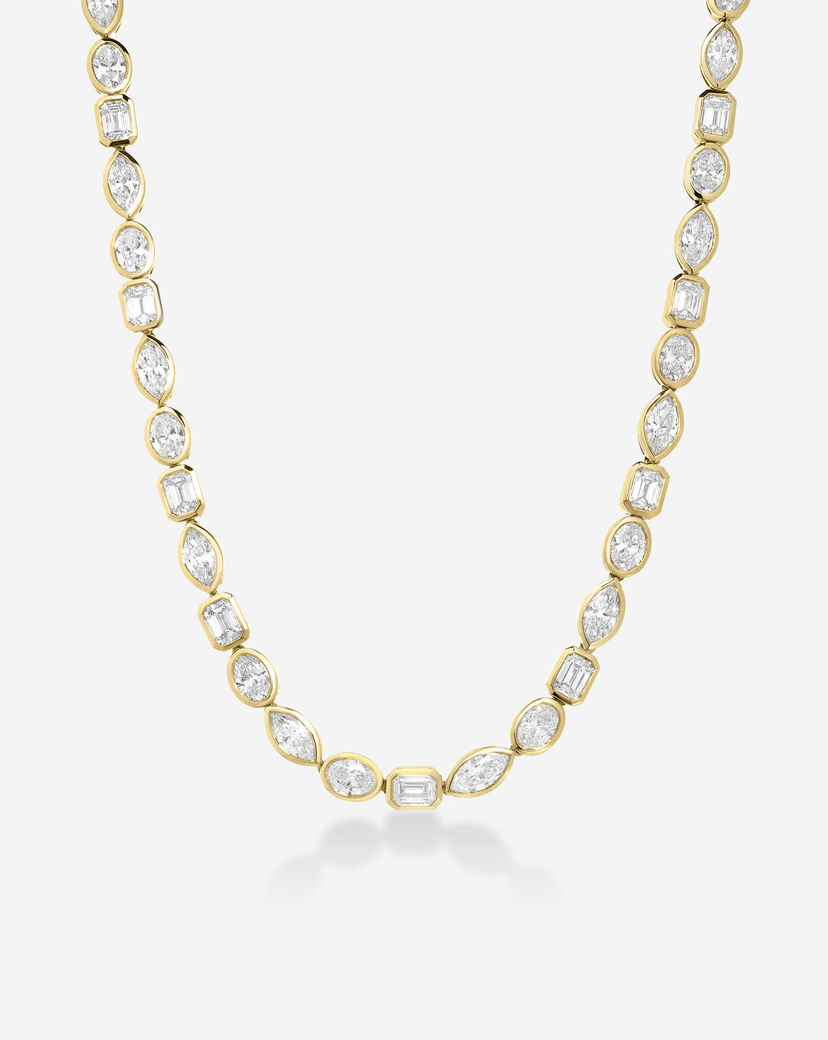 14k gold mixed-shapes diamond tennis necklace with round, emerald, and marquise lab diamonds