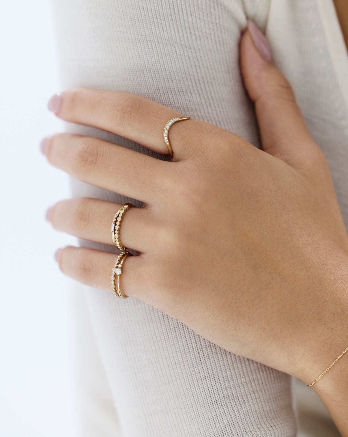 Ring Concierge Curve Diamond Ring layered with complementary rings, Holiday Gifting Collection