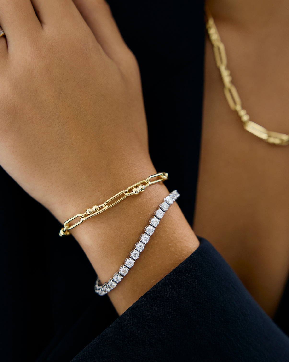 Model wearing Ring Concierge Link Chain Bracelet, Holiday Collection luxury jewelry