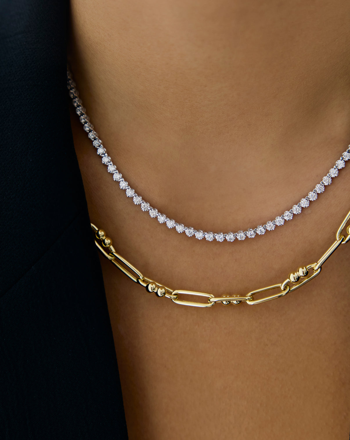 Ring Concierge Link Chain Necklace from Holiday Collection -styled with other necklaces, view highlighting chain texture and gold finish