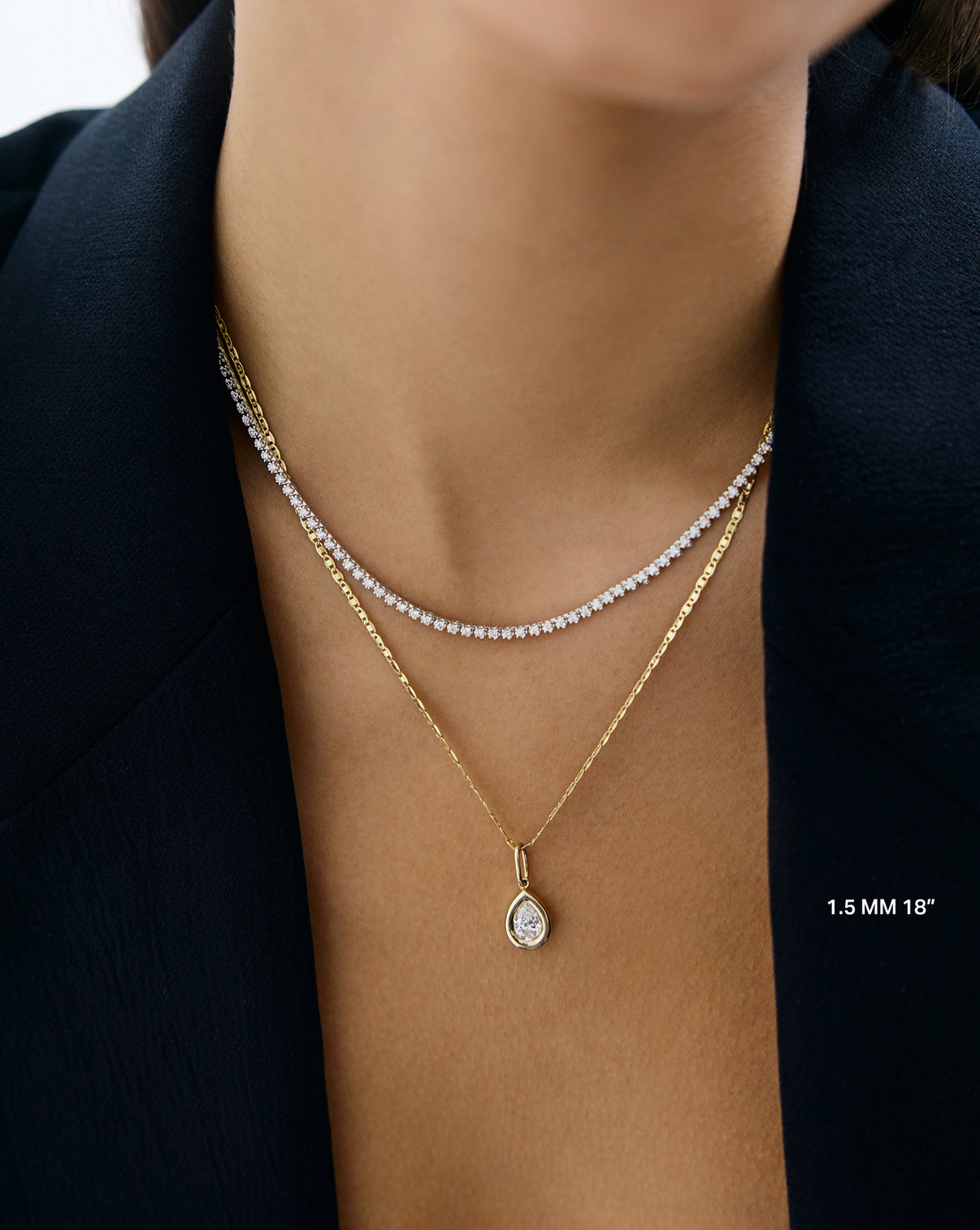 on-model image of 1.5 mm 18" necklace styled with tennis