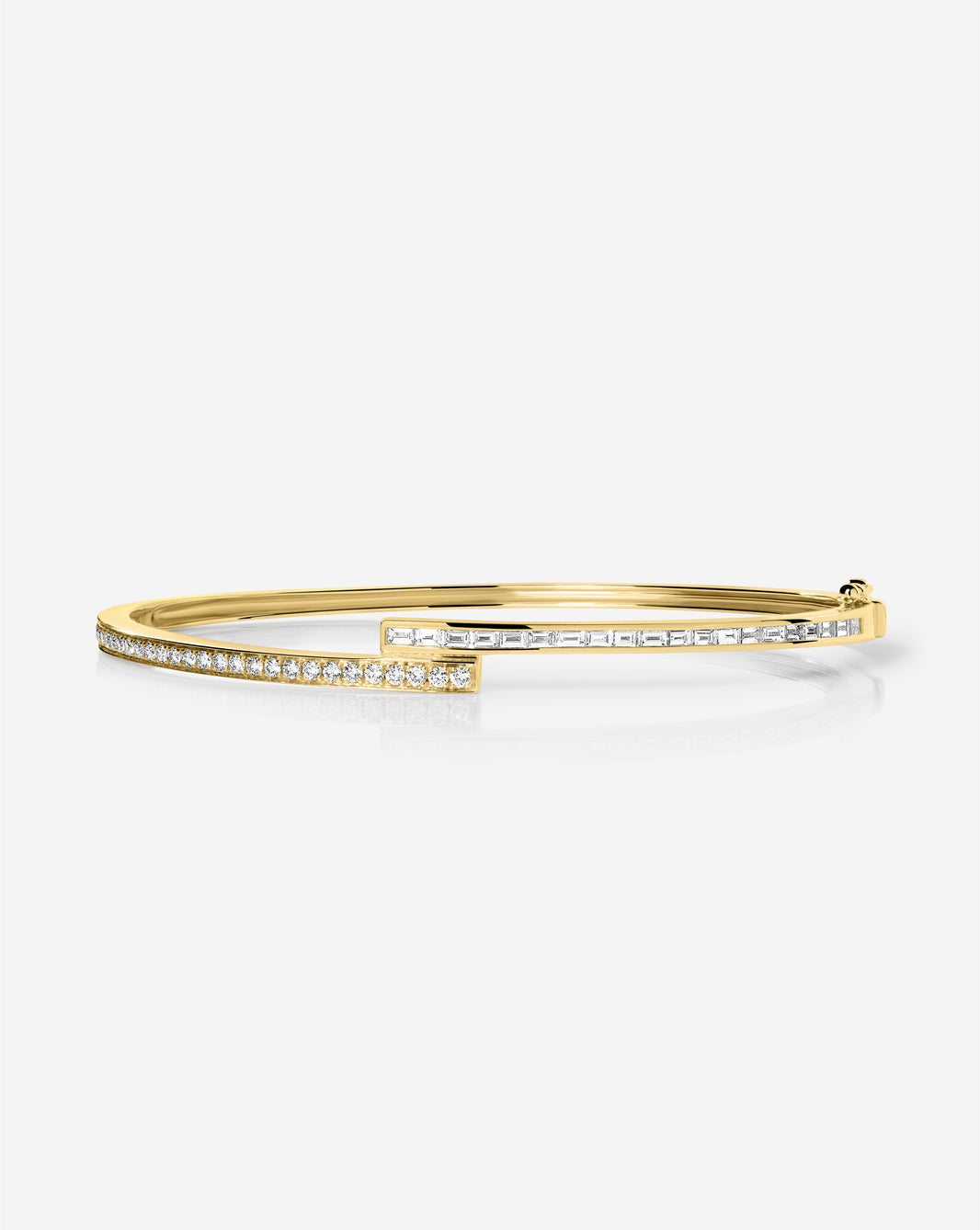 Baguette + Round Diamond Wrap Bangle in 14k gold featuring alternating baguette and round diamonds in an elegant wrap design