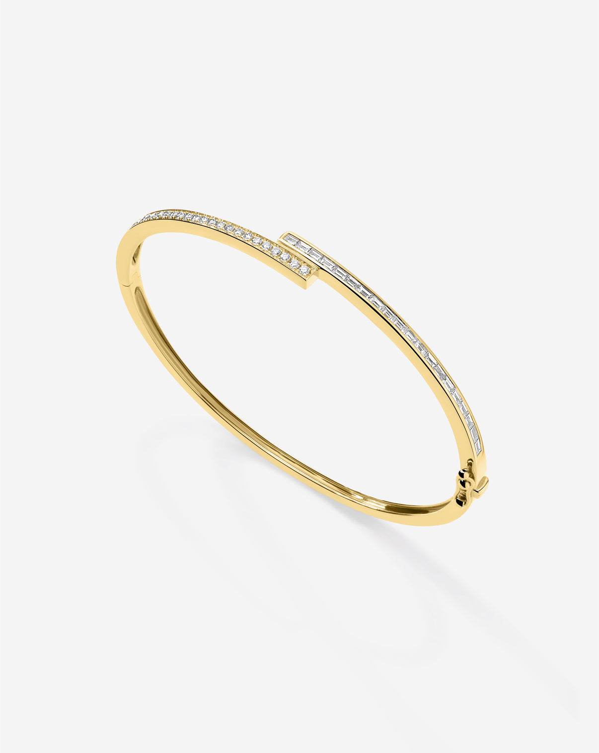 Close-up detail of Baguette + Round Diamond Wrap Bangle showing the precision-set baguette and round diamonds in luxurious gold setting