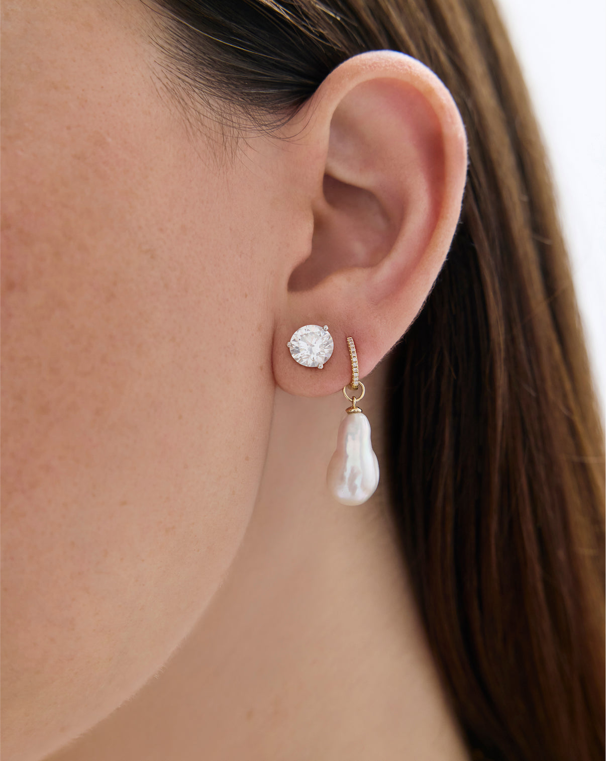 Ring Concierge Pearl Huggie Charms style with a huggie earring  - Holiday Collection side angle view