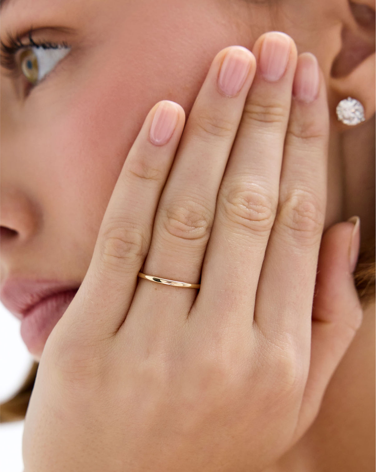 Model wearing 14K Yellow Gold Whisper Thin Band