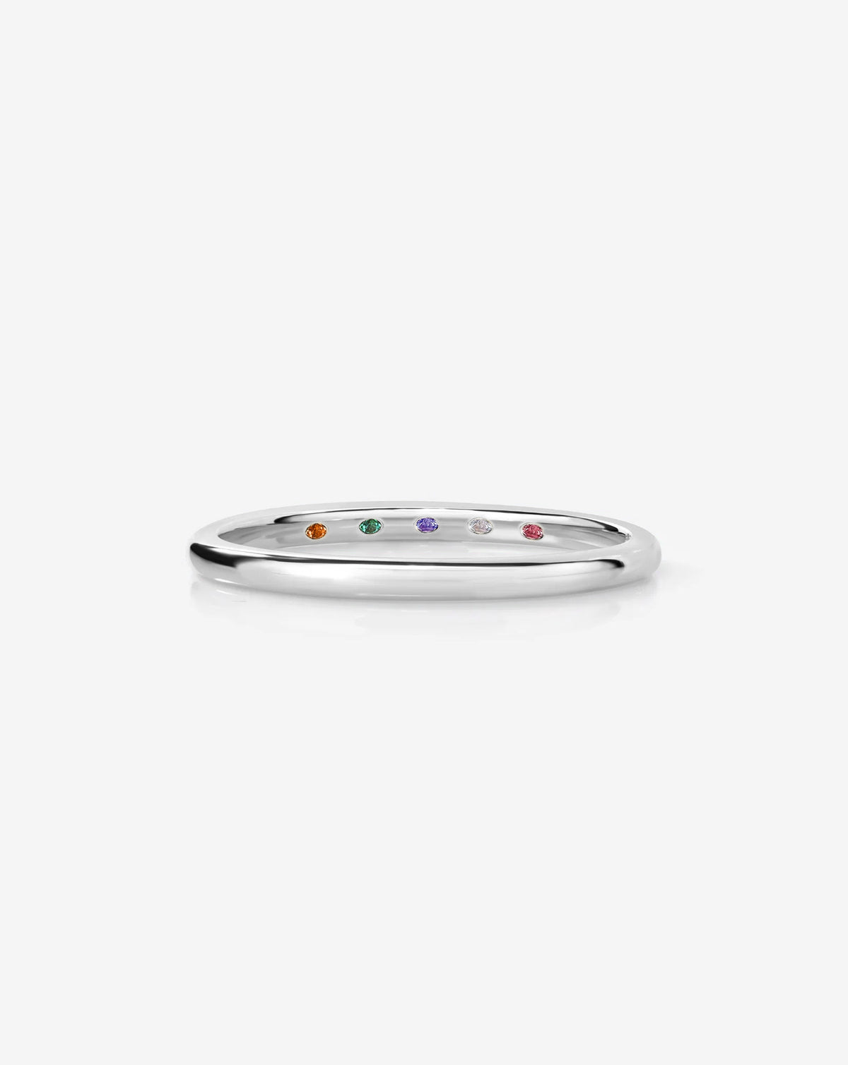 whisper thin band with birthstone on white background in 14k white gold