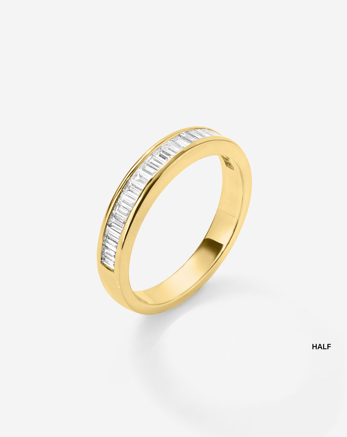 side view Baguette Diamond Channel Set Half Eternity Band in 14K Yellow Gold