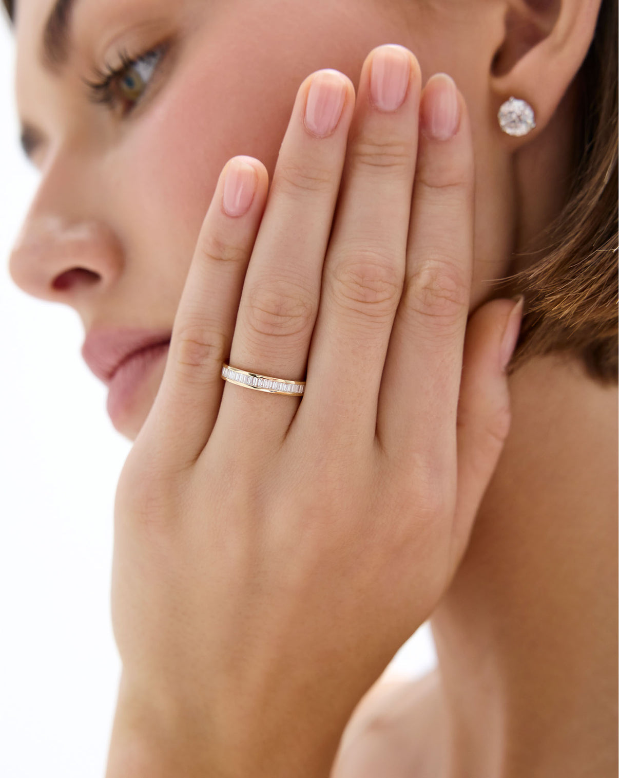 Model wearing Baguette Diamond Channel Set Band in 14K Yellow Gold