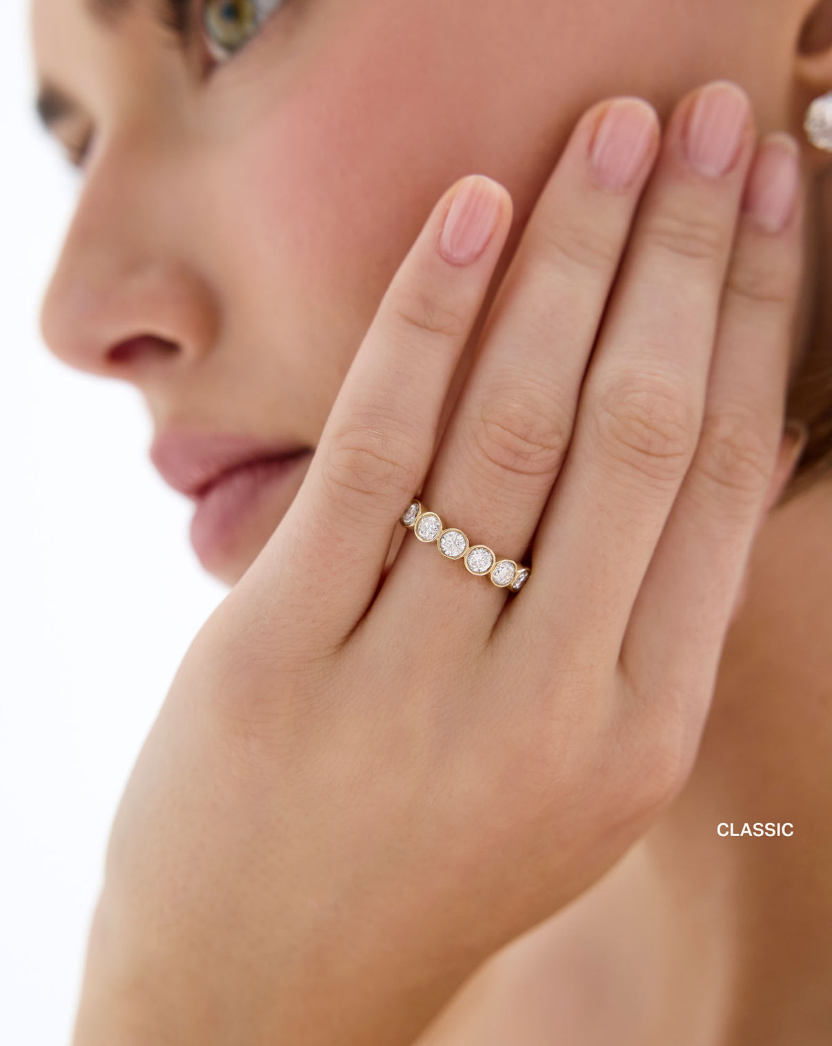 model wearing Classic 2 Carat Weight  Diamond Round Bezel Eternity Band ring in global