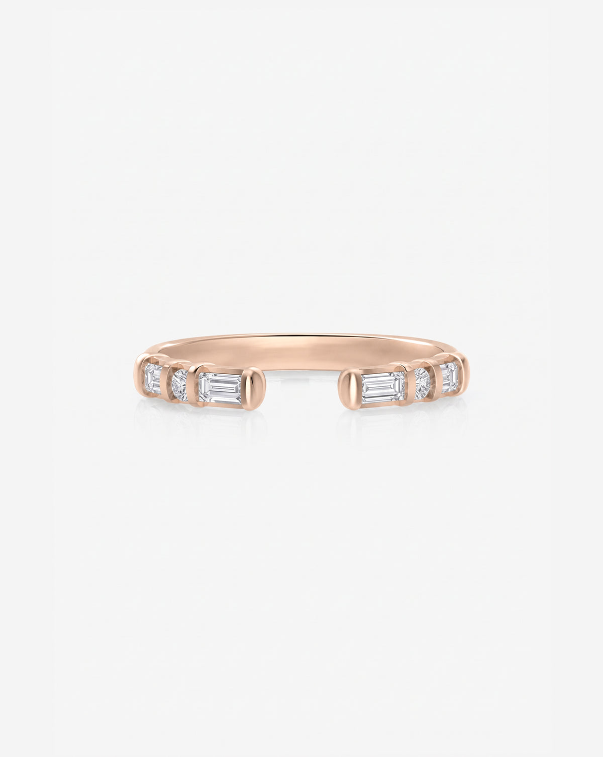 Front view of the Baguette + Round Open Lab Diamond Band in 14k rose gold, featuring alternating baguette and round lab diamonds with an open-center design. 14k Rose Gold