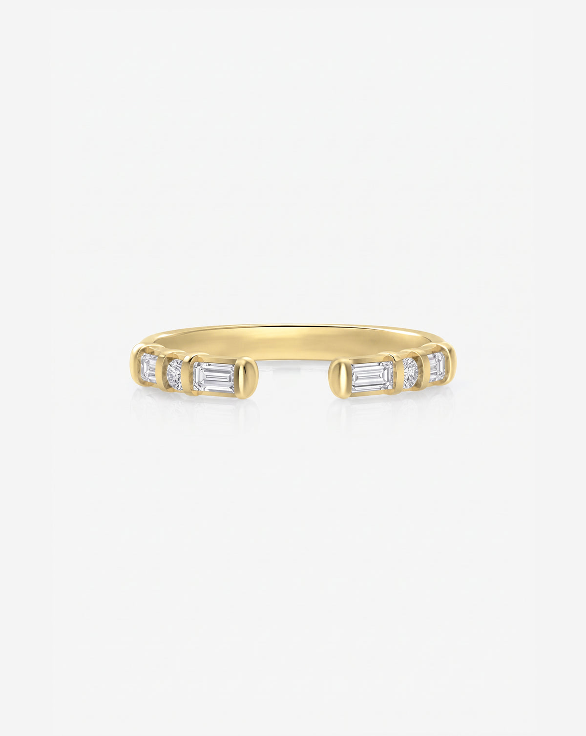 Front view of the Baguette + Round Open Lab Diamond Band in 14k yellow gold, featuring alternating baguette and round lab diamonds with an open-center design. 14k Yellow Gold