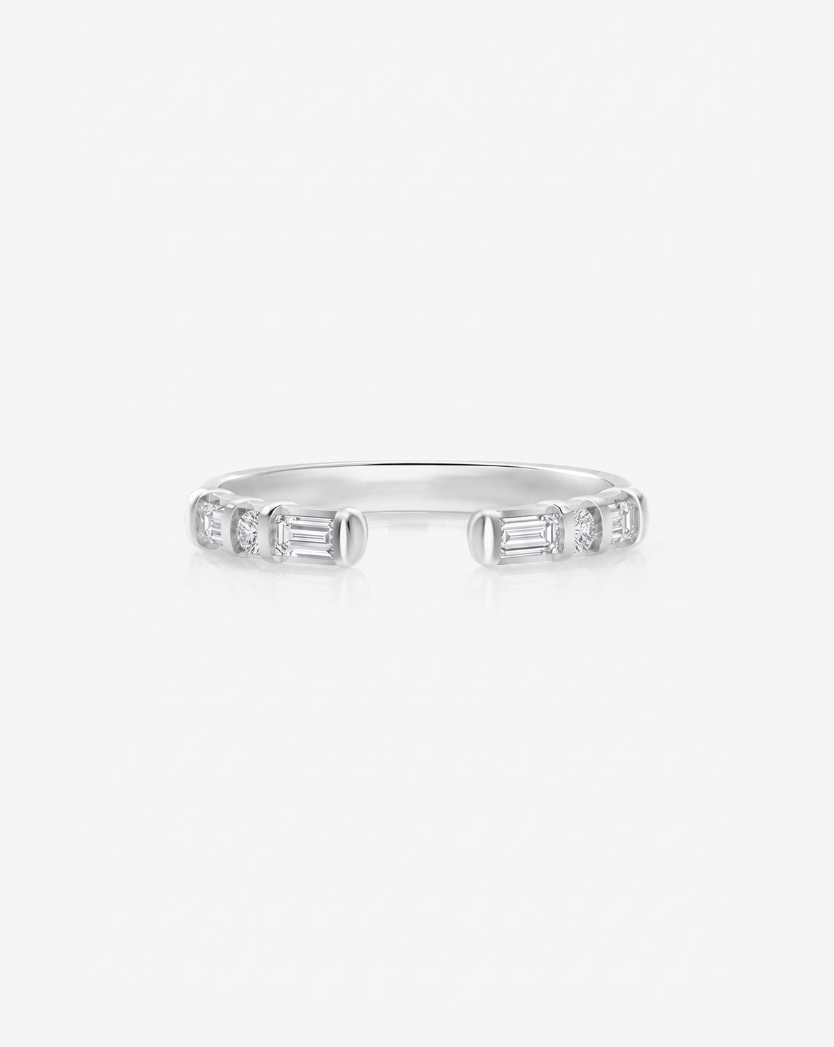 Front view of the Baguette + Round Open Lab Diamond Band in 14k White Gold, featuring alternating baguette and round lab diamonds with an open-center design. 14k White Gold 