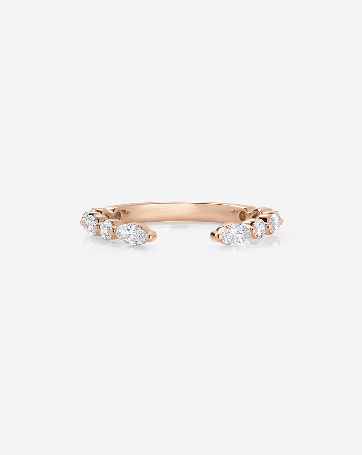 Front view of the Marquise + Round Open Lab Diamond Band in 14k rose gold, featuring alternating marquise and round lab diamonds with an open-center design. 14k Rose Gold