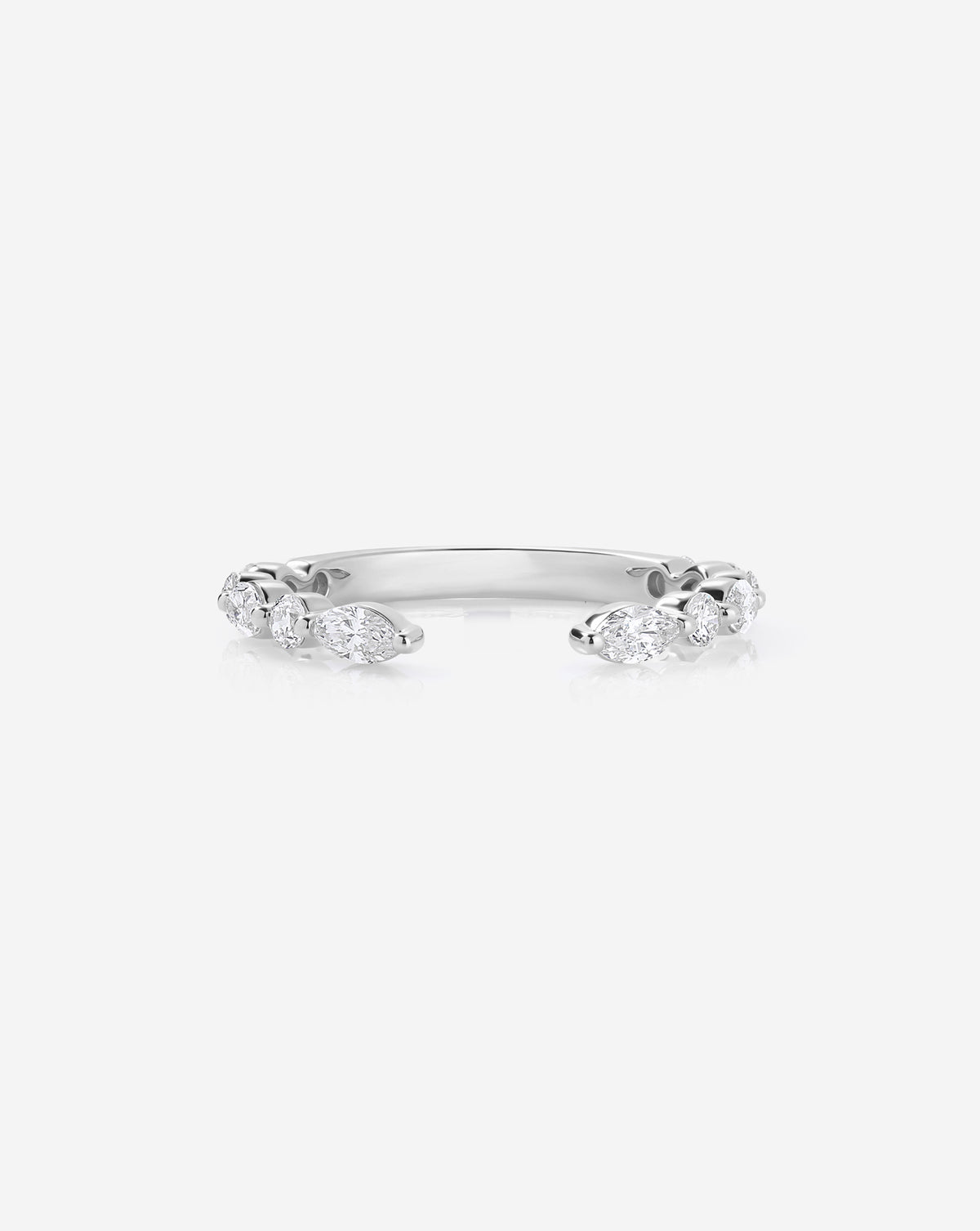 Front view of the Marquise + Round Open Diamond Band in 14k White Gold, featuring alternating marquise and round natural diamonds with an open-center design. 14k White Gold